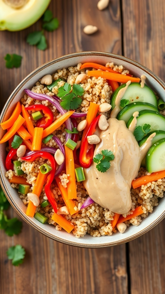 Thai Quinoa Bowl Recipe A vibrant Thai quinoa bowl with quinoa, bell peppers, carrots, cucumbers, and peanut dressing, garnished with cilantro and peanuts.